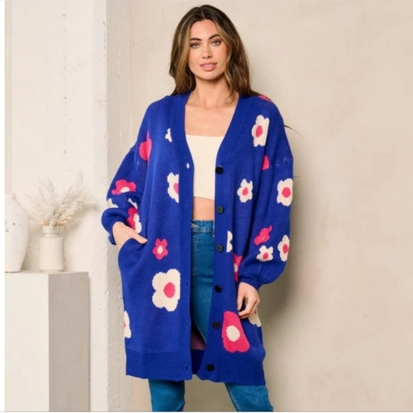 Floral Blue Cardigan Sweater - Picture 2 of 4